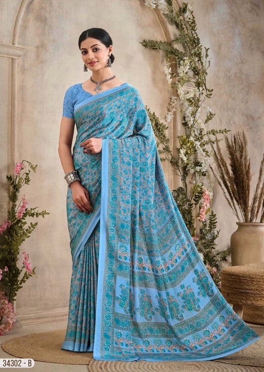 Casual Blue Crepe Readymade Saree