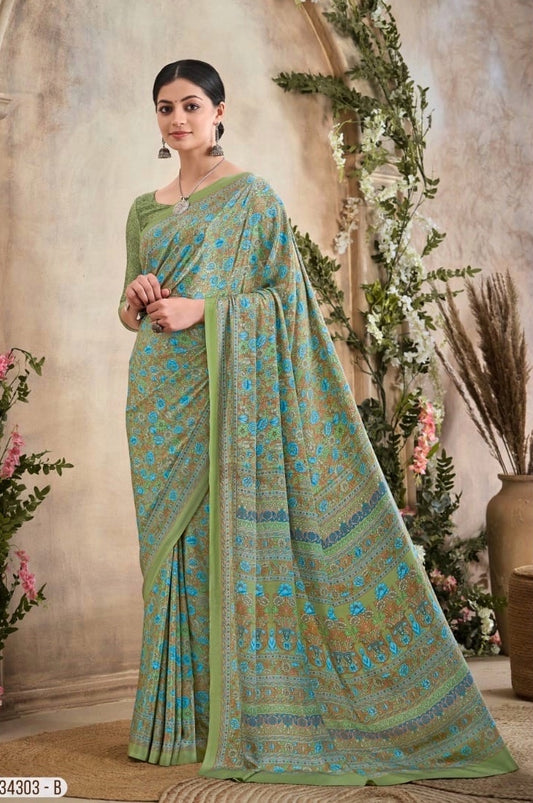 Casual Green Crepe Readymade Saree