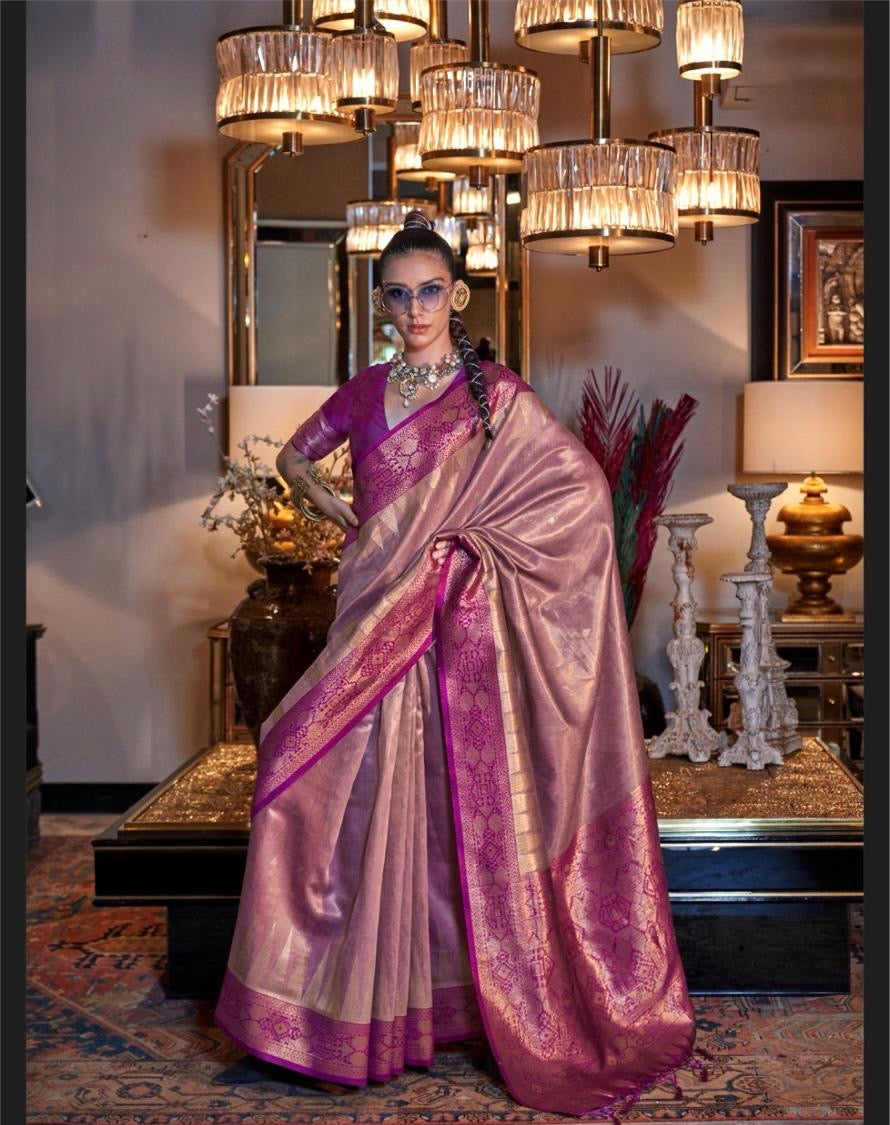 Purple Color Zari Woven Tissue Silk Readymade/Easy Saree