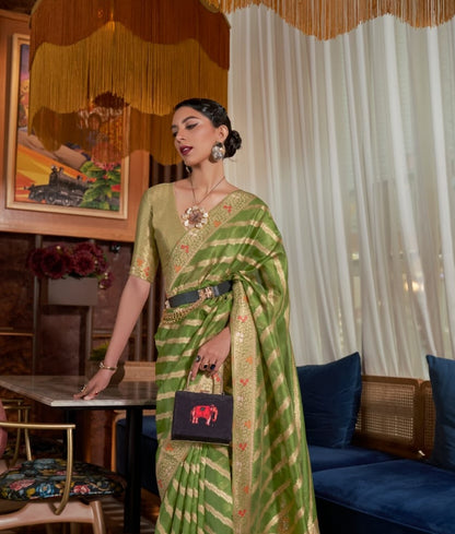 Olive Green Organza Readymade/Easy Saree