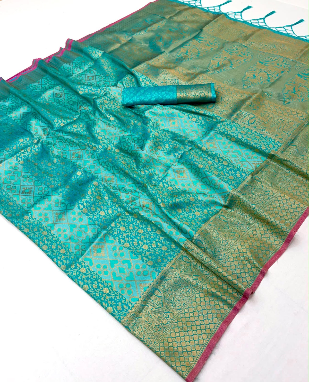 Turquoise Kanjivaram Silk Ready To Wear/Easy Saree by Stylebypanaash