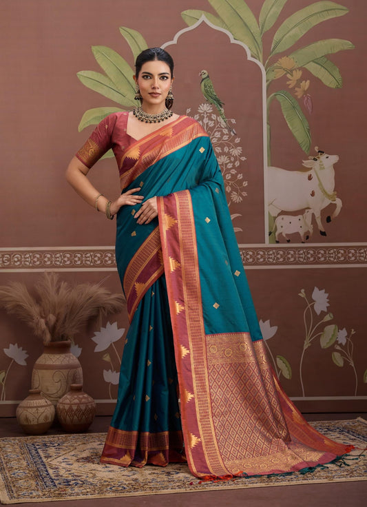 Blue Color Tussar Silk Readymade/Easy Saree