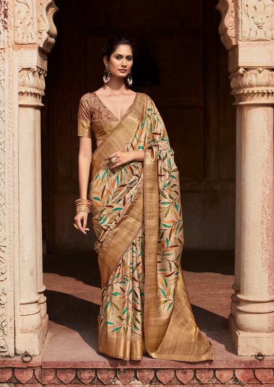 Beige Printed Soft Silk Readymade/Easy Saree