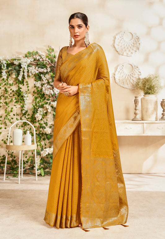 Mustard Color Pattu Silk Readymade/Easy Saree