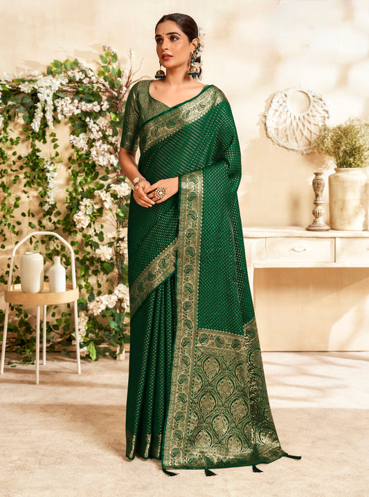 Bottle Green Color Pattu Silk Readymade/Easy Saree