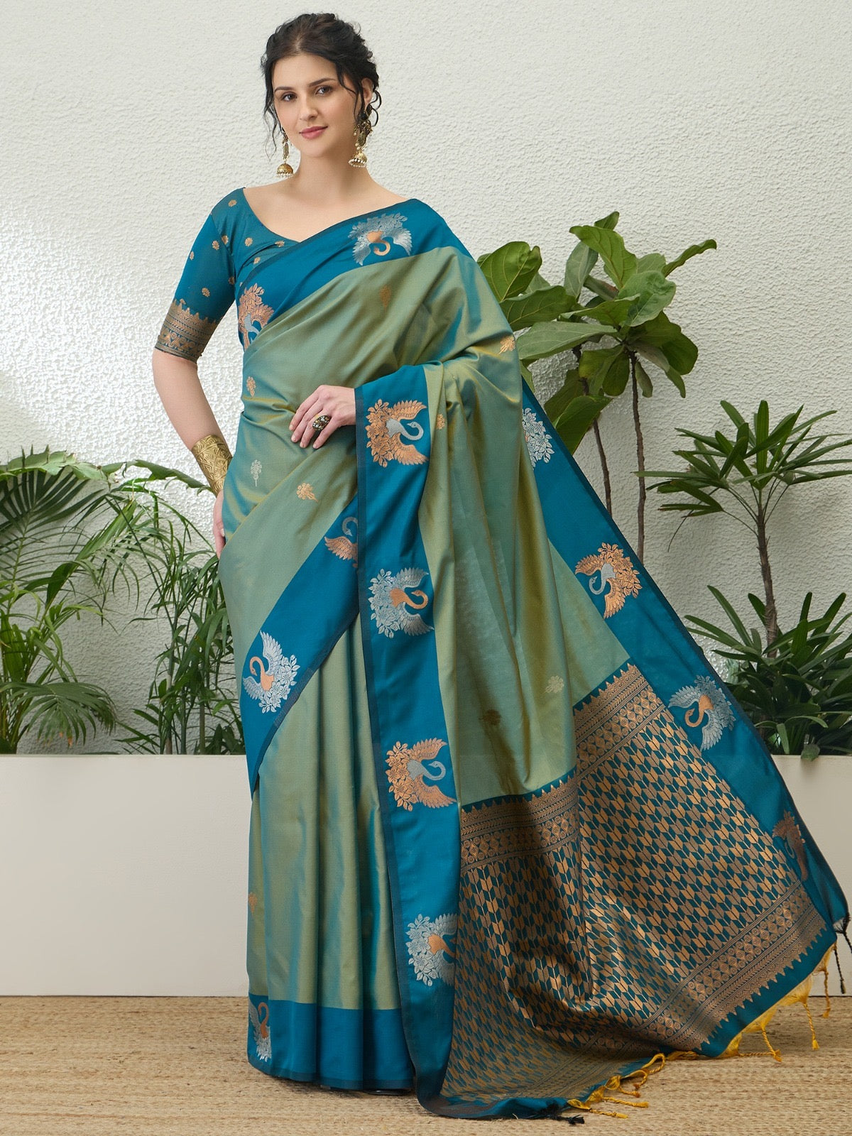 Sage Green Readymade/Easy Kanjivaram Saree - Panaash Saree