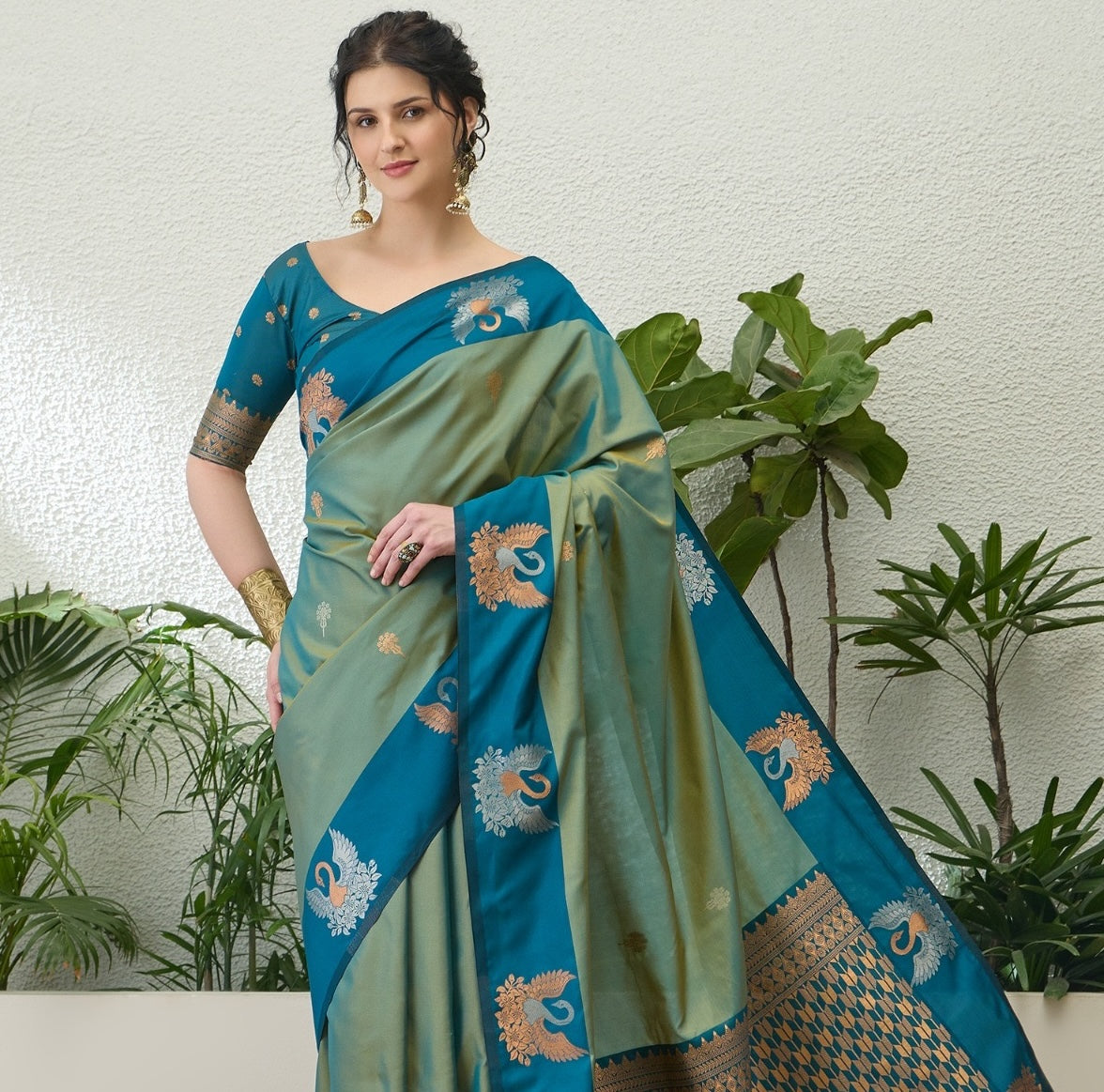 Sage Green Readymade/Easy Kanjivaram Saree - Panaash Saree