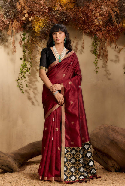 Maroon Color Raw Silk Readymade/Easy Saree
