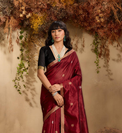Maroon Color Raw Silk Readymade/Easy Saree