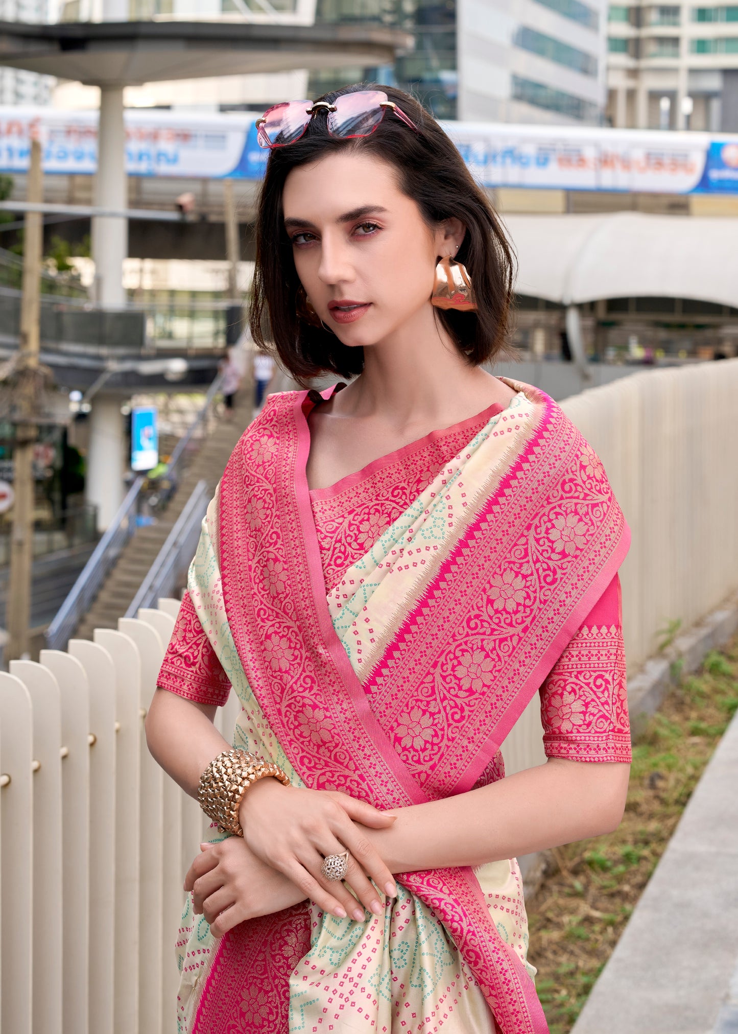 Off White Kanjivaram Silk Readymade/Easy Saree