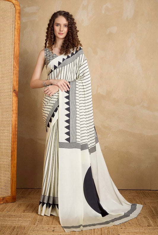 Off-White & Black Crepe Silk Readymade Saree
