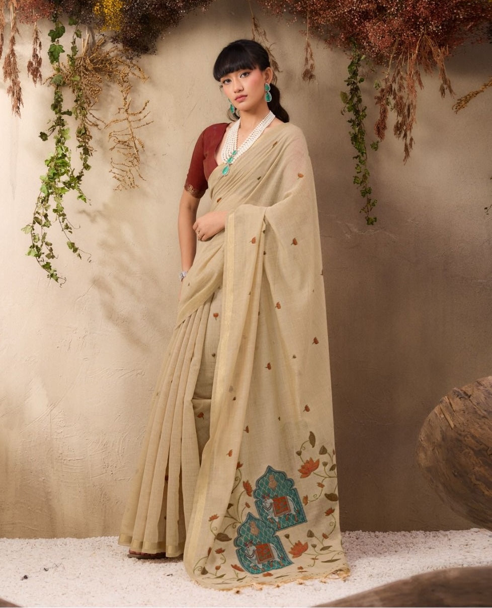 Beige Color Cotton Readymade/Easy Saree