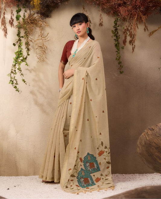 Beige Color Cotton Readymade/Easy Saree