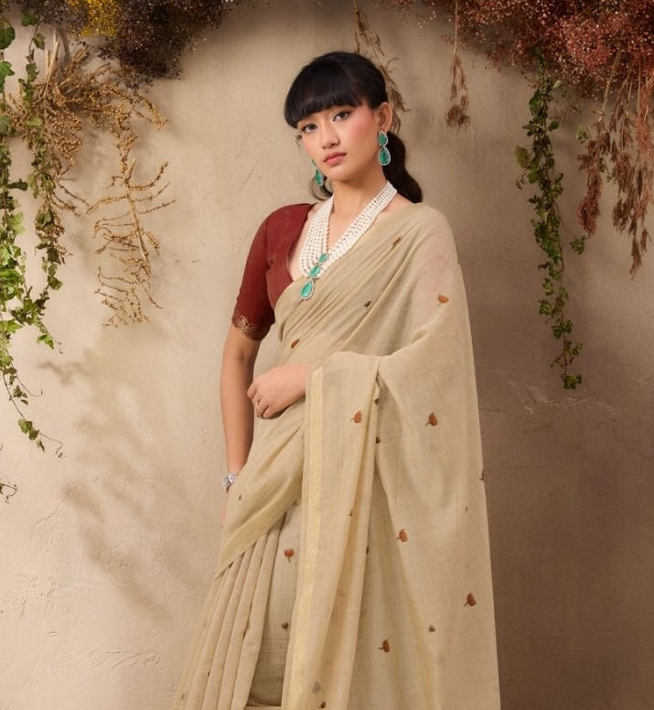 Beige Color Cotton Readymade/Easy Saree