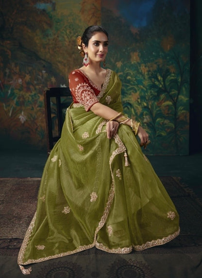 Olive green tissue silk saree draped while seated, with gold floral accents and ornate border