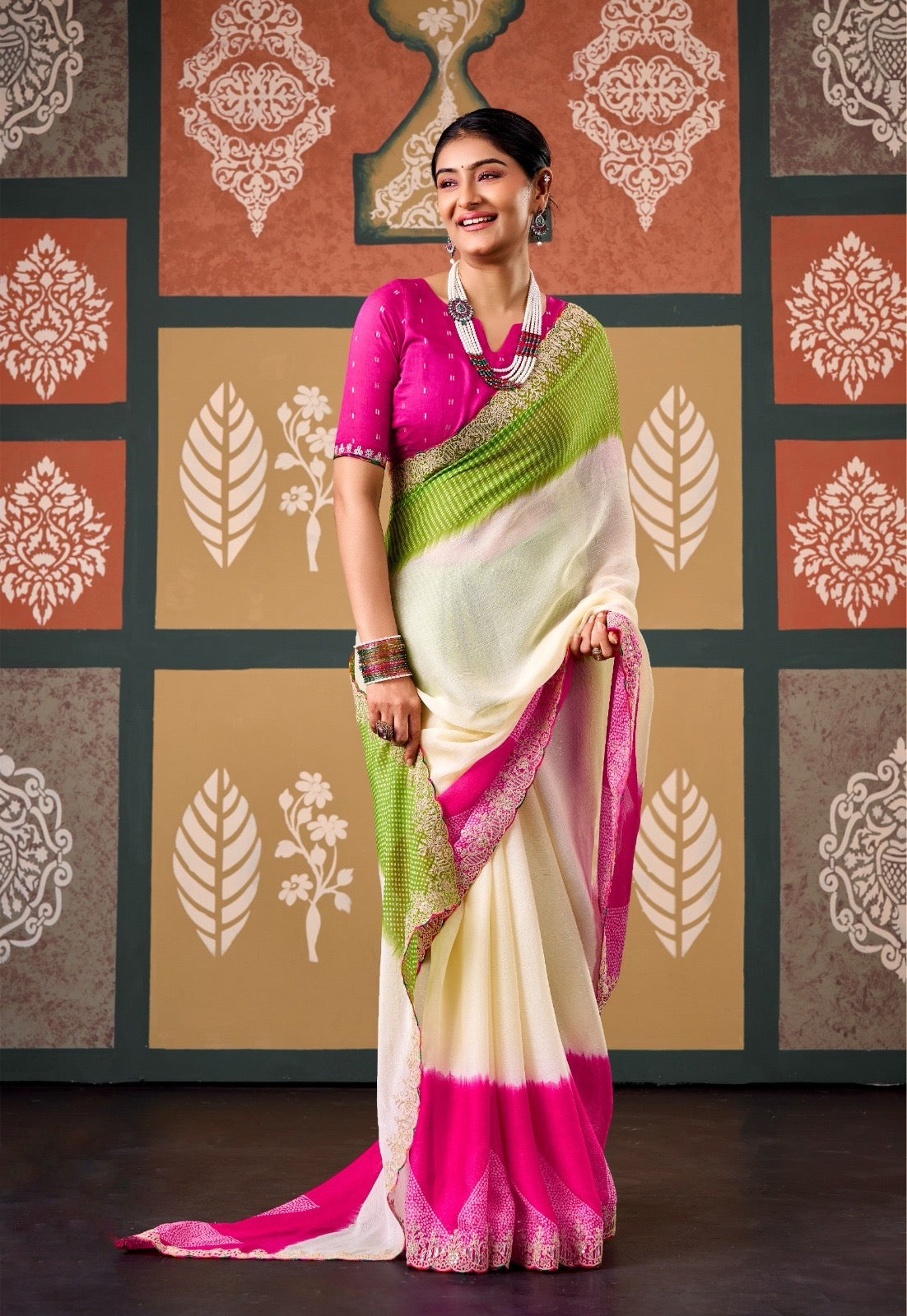 Warm Off White Chiffon Ready To Wear/Easy Saree