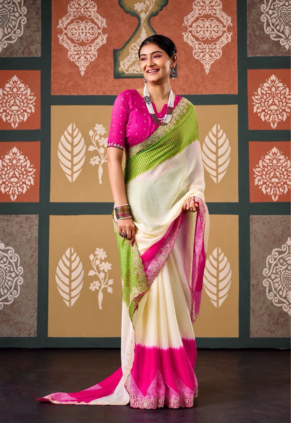 Warm Off White Chiffon Ready To Wear/Easy Saree