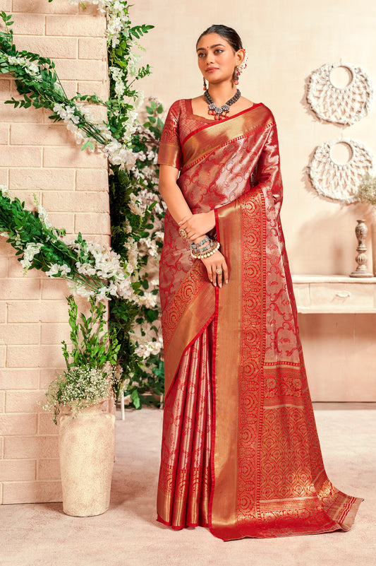 Red Color Zari Woven Silk Readymade/Easy Saree