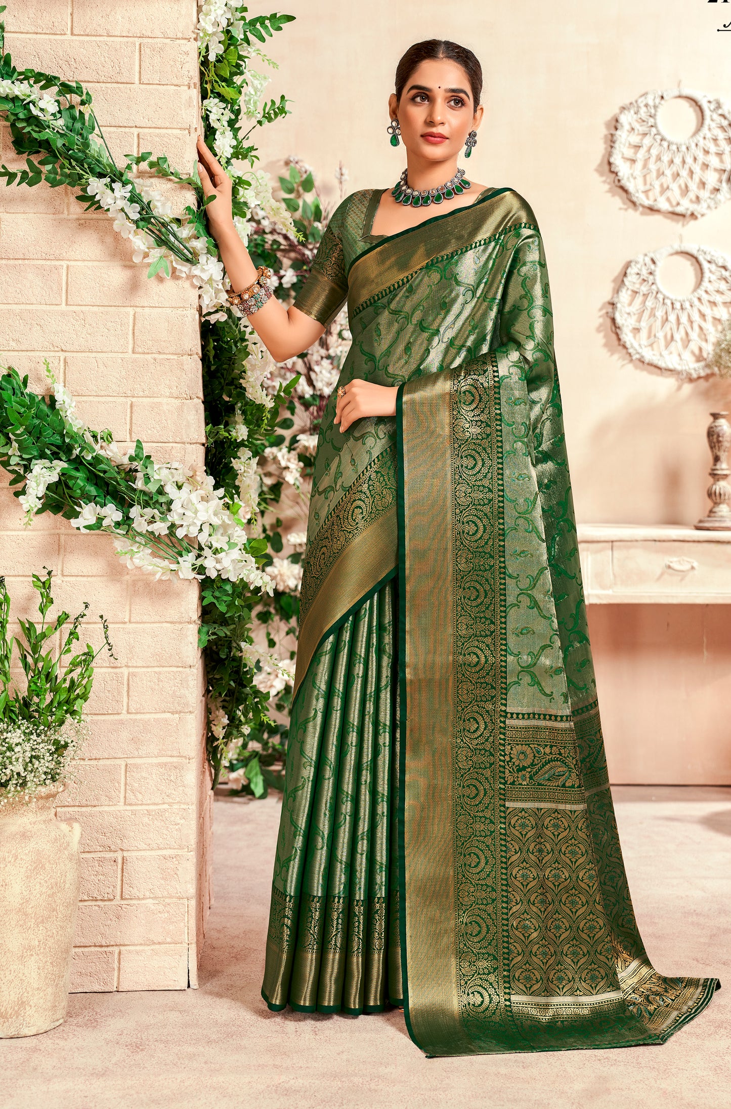 Green Color Zari Woven Silk Readymade/Easy Saree