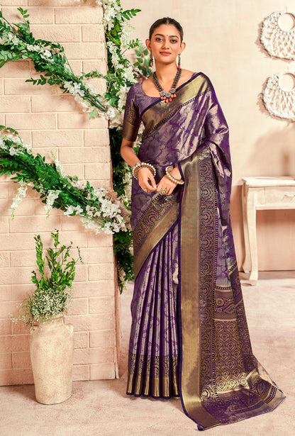 Purple Color Zari Woven Silk Readymade/Easy Saree