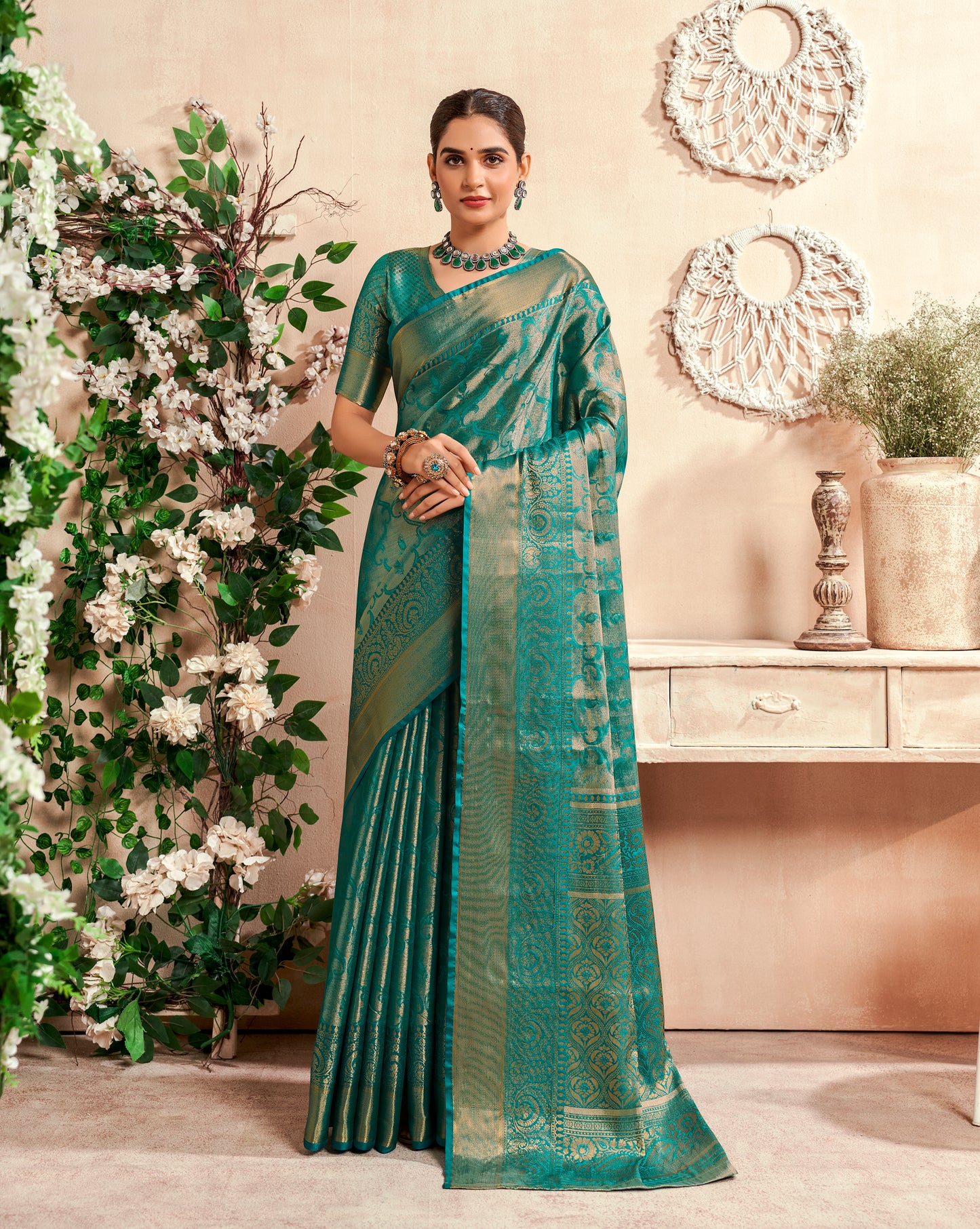 Turquoise Color Zari Woven Silk Readymade/Easy Saree