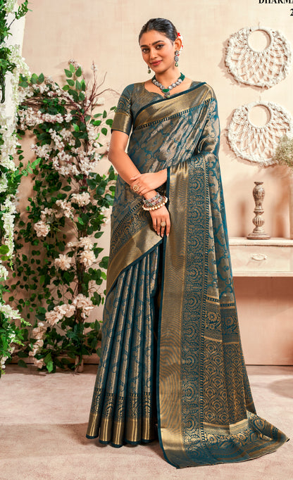 Blue Color Zari Woven Silk Readymade/Easy Saree