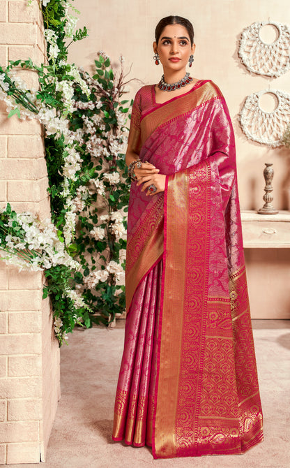 Pink Color Zari Woven Silk Readymade/Easy Saree