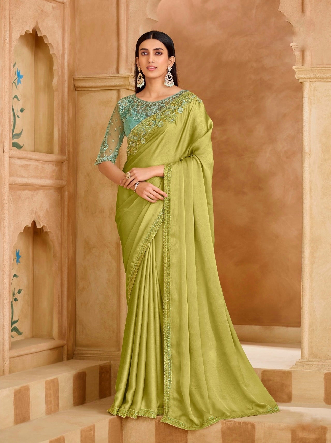 Pistachio Green Cocktail Party Wear Readymade Saree