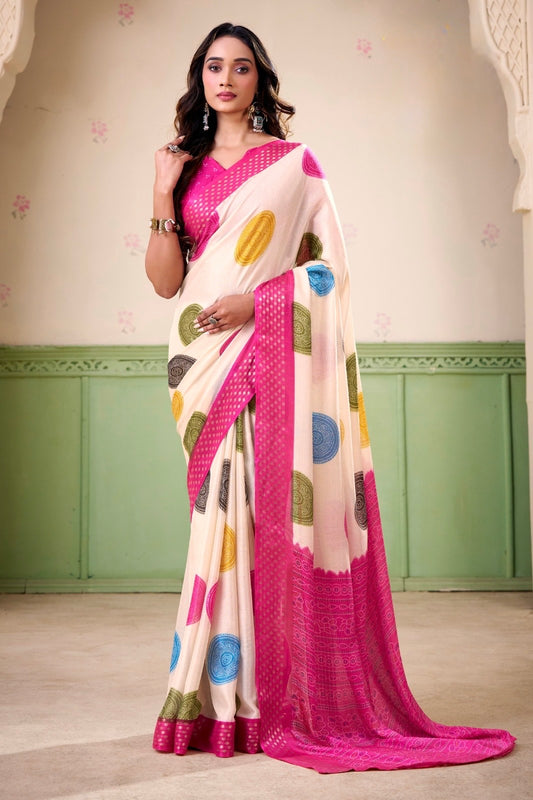 Off White Polka Dot Readymade Crepe Silk Saree