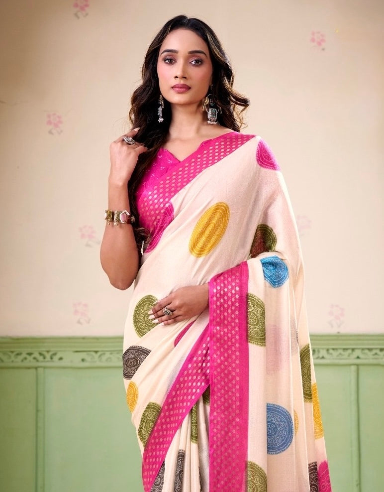 Off White Polka Dot Readymade Crepe Silk Saree