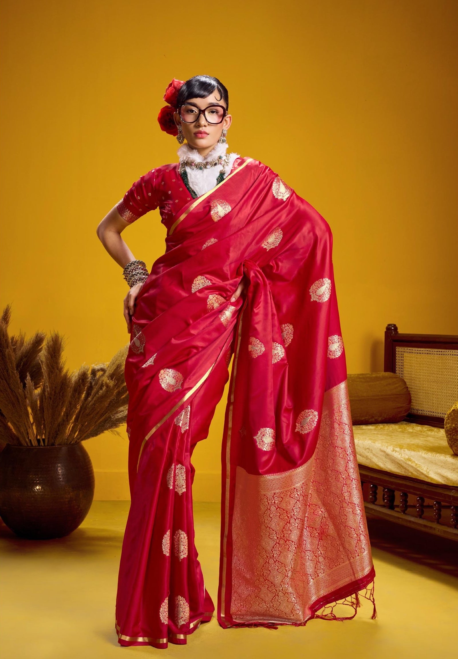 Red Satin Silk Ready To Wear/Easy Saree - Panaash Saree