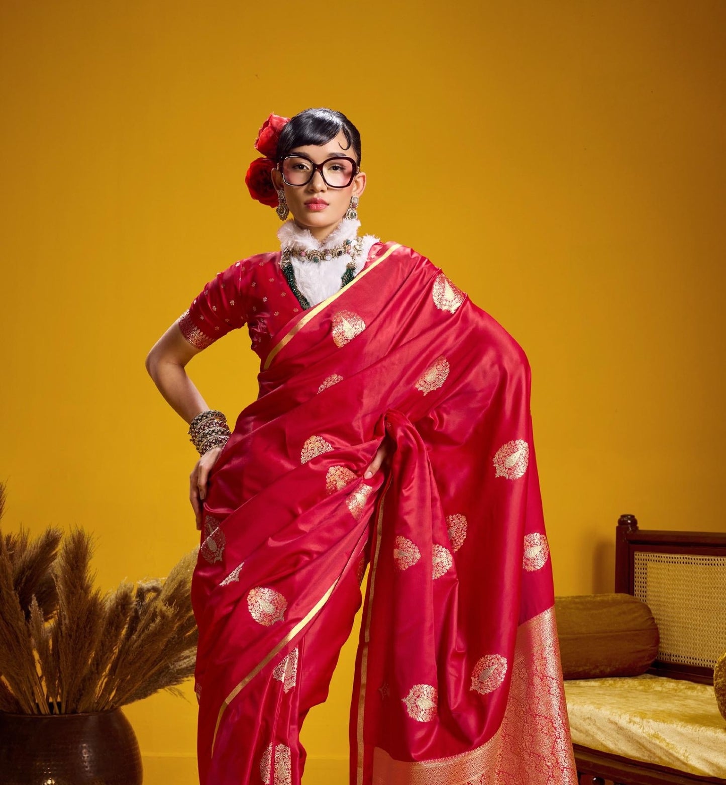 Red Satin Silk Ready To Wear/Easy Saree - Panaash Saree