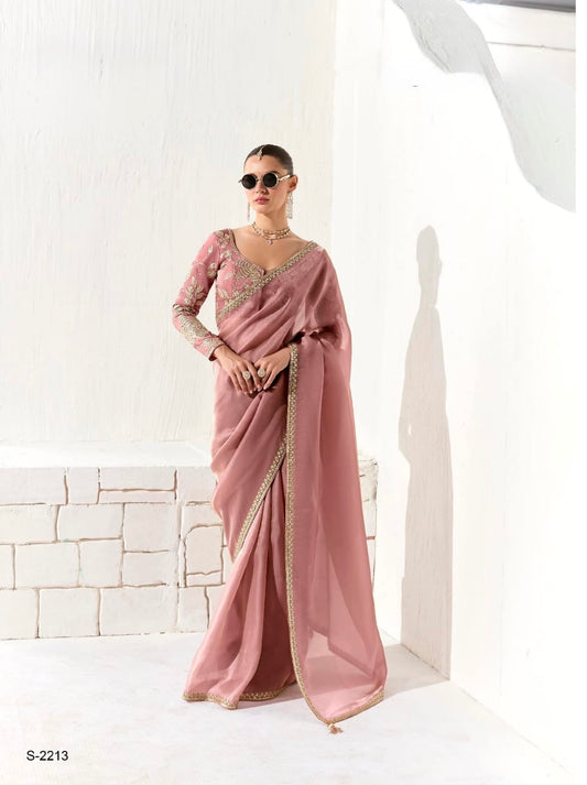 Musk Mist Organza Readymade Saree With Fancy Blouse Piece