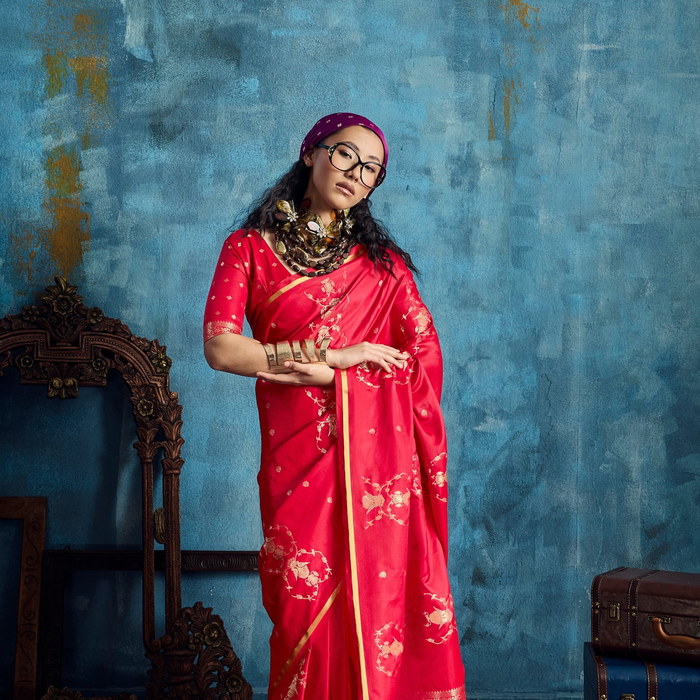 Red Satin Silk Ready To Wear/Easy Saree