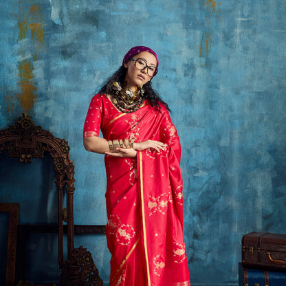 Red Satin Silk Ready To Wear/Easy Saree