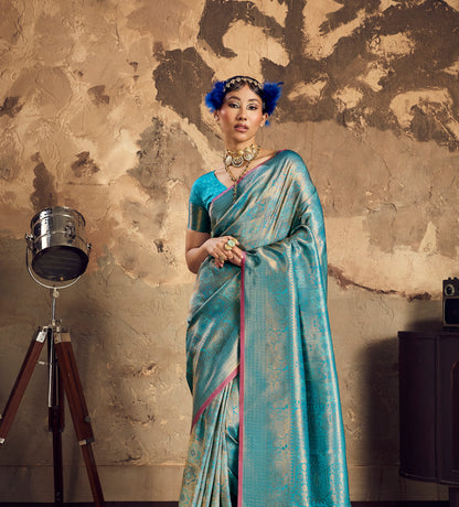 Turquoise Blue Kanjivaram Silk Ready To Wear/Easy Saree by Stylebypanaash