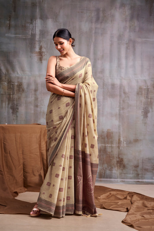 Cream Cotton Ready To Wear/Easy Saree - Panaash Saree