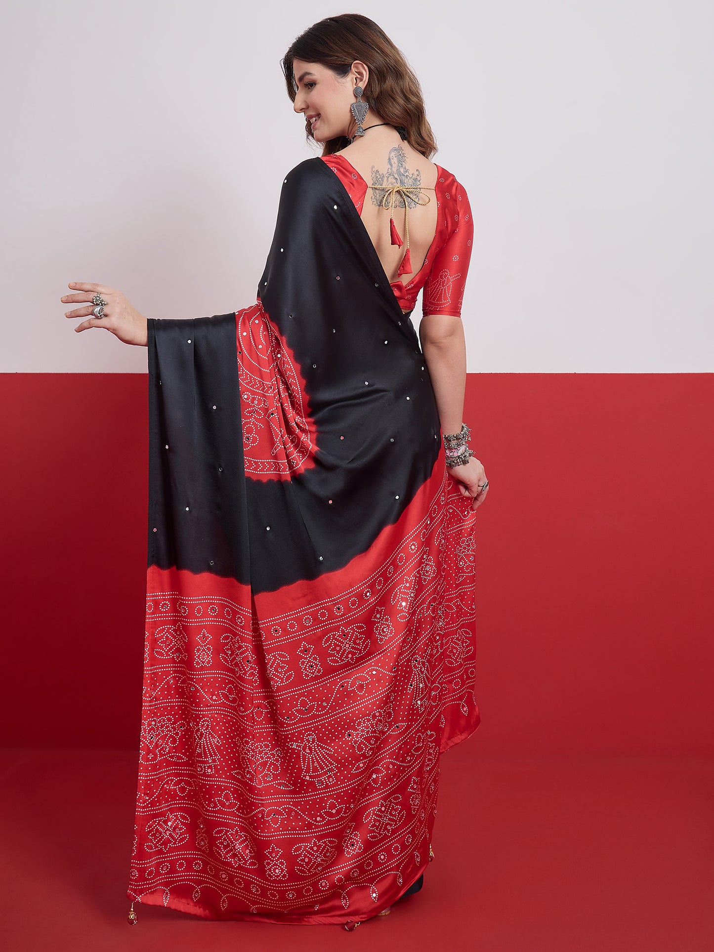 Black & Red Mirror Crepe Silk Ready To Wear/Easy Saree by Stylebypanaash 