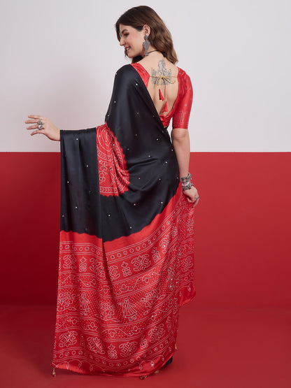 Black & Red Mirror Crepe Silk Ready To Wear/Easy Saree by Stylebypanaash 