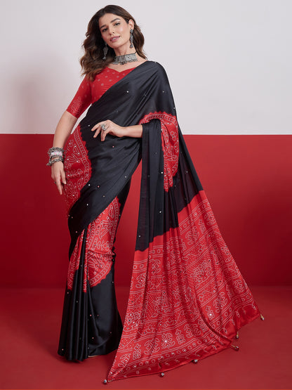 Black & Red Mirror Crepe Silk Ready To Wear/Easy Saree by Stylebypanaash 