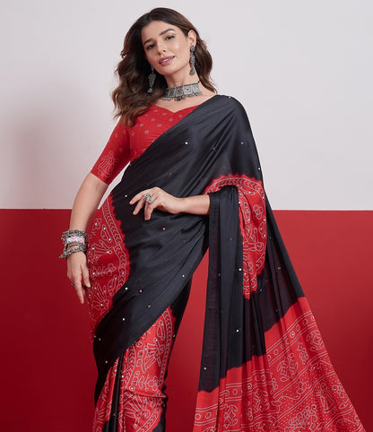 Black & Red Mirror Crepe Silk Ready To Wear/Easy Saree by Stylebypanaash 