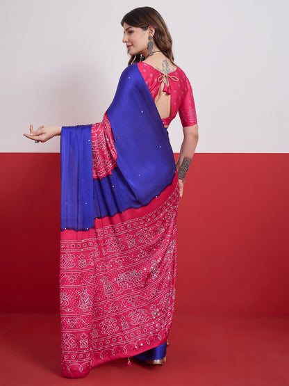  Royal Blue & Pink Mirror Crepe Silk Ready To Wear/Easy Saree by Stylebypanaash 