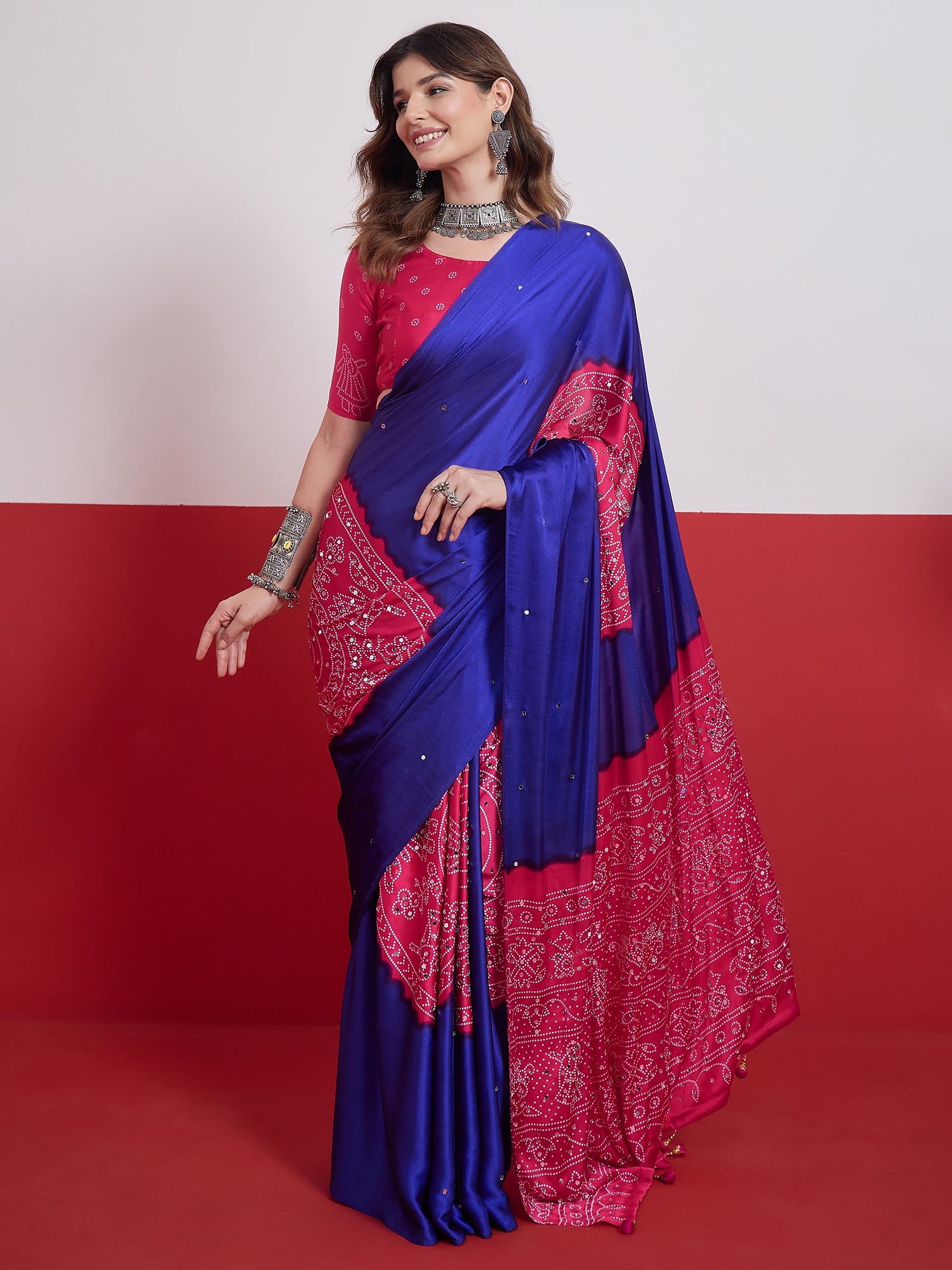  Royal Blue & Pink Mirror Crepe Silk Ready To Wear/Easy Saree by Stylebypanaash 