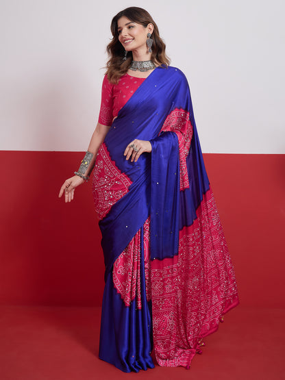  Royal Blue & Pink Mirror Crepe Silk Ready To Wear/Easy Saree by Stylebypanaash 