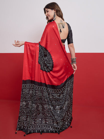 Red & Black Mirror Crepe Silk Ready To Wear/Easy Saree by Stylebypanaash 
