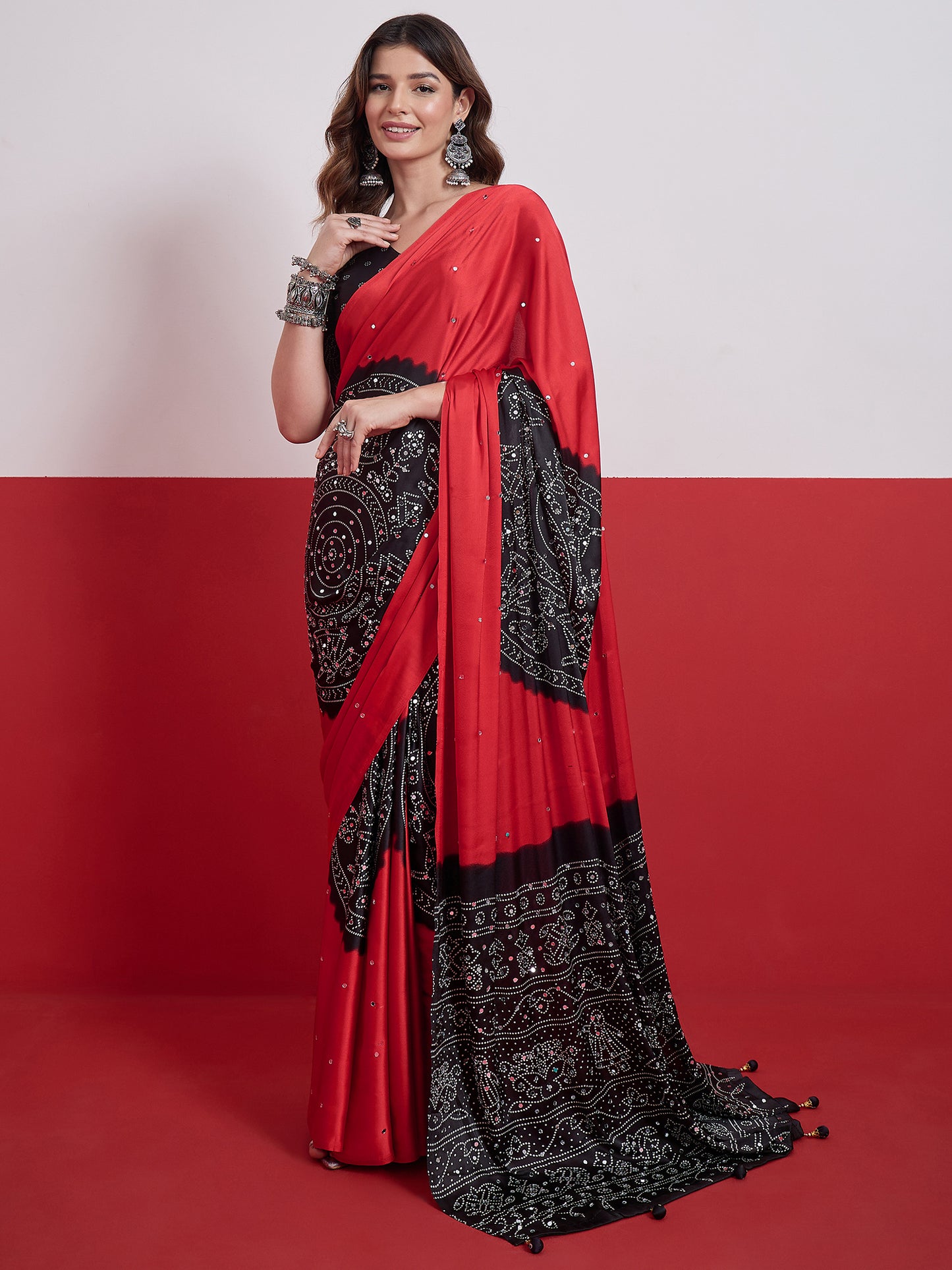 Red & Black Mirror Crepe Silk Ready To Wear/Easy Saree by Stylebypanaash 