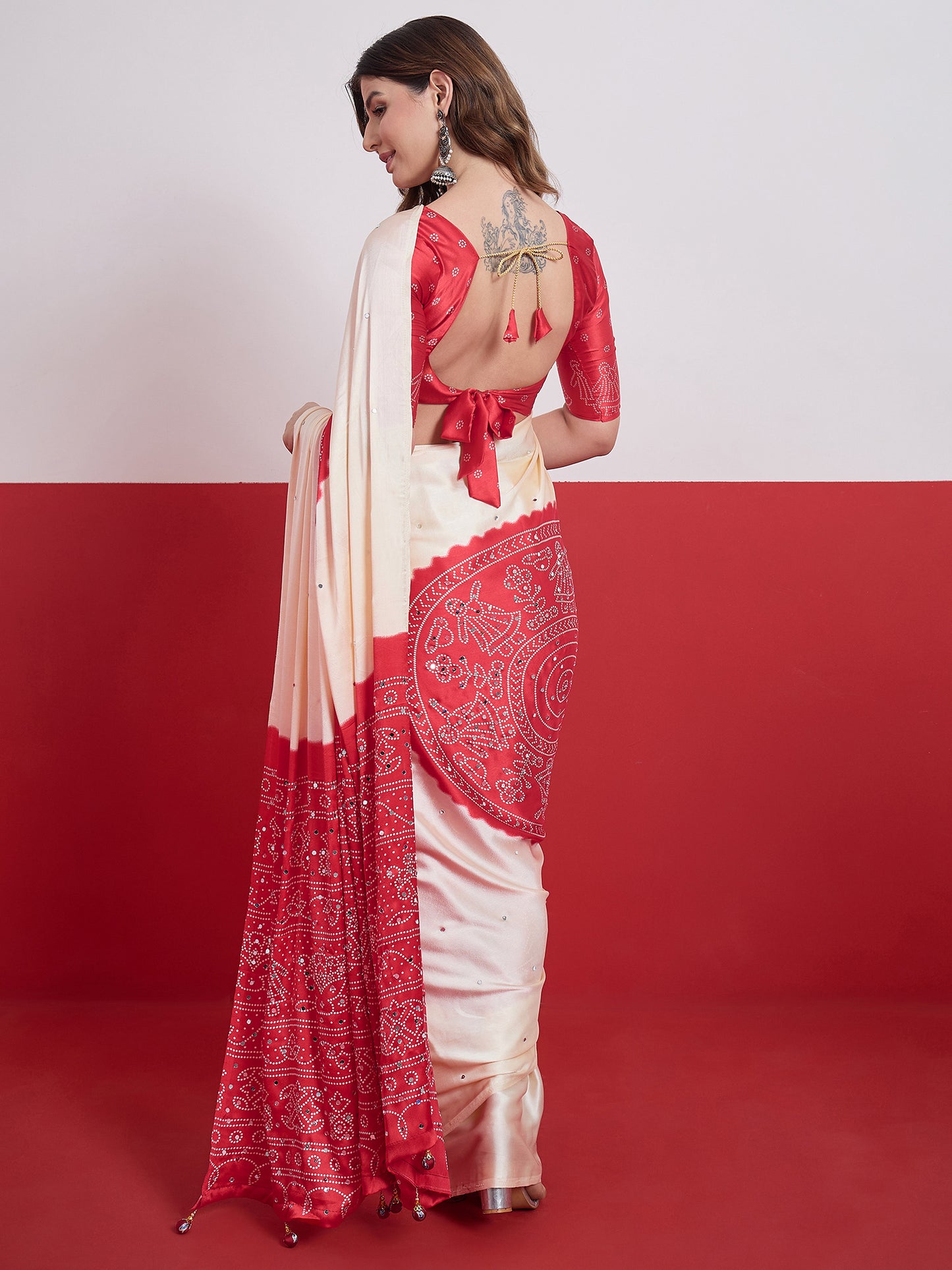 Ivory & Pink Mirror Crepe Silk Ready To Wear/Easy Saree by Stylebypanaash  