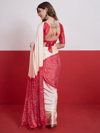 Ivory & Pink Mirror Crepe Silk Ready To Wear/Easy Saree by Stylebypanaash  