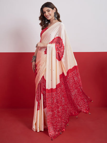 Ivory & Pink Mirror Crepe Silk Ready To Wear/Easy Saree by Stylebypanaash 
