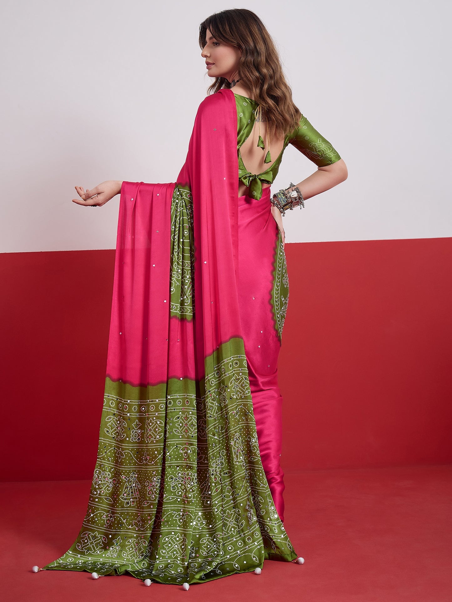 Pink & Green Mirror Crepe Silk Ready To Wear/Easy Saree by Stylebypanaash